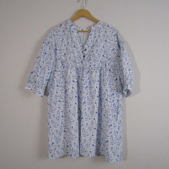 Entro Babydoll Dress Large White Blue Floral Oversized Whimsical Coastal Boho - Picture 1 of 12